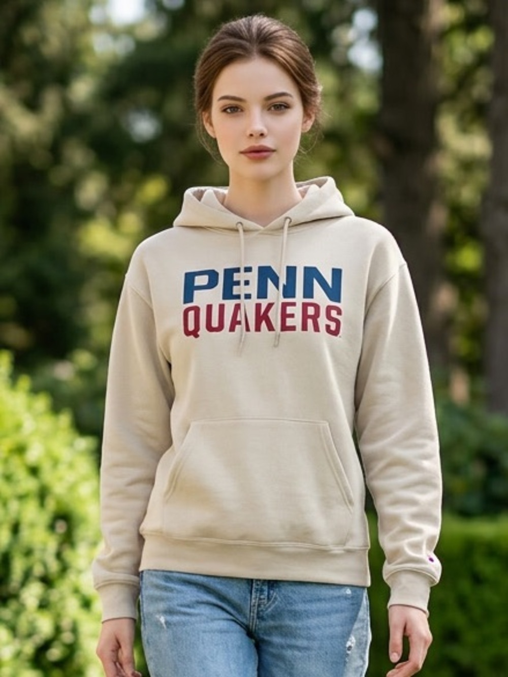 NWT Champion Unisex Cream Penn State Quakers Logo Hoodie Oversized - Size Small